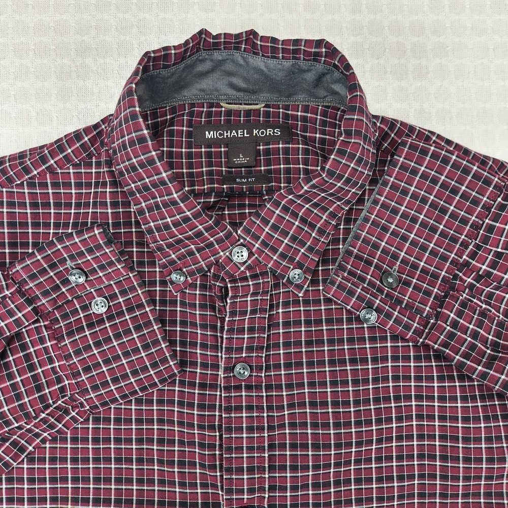 Michael Kors‎ Mens Slim Fit Plaid Button Down Shirt Burgundy Black Large L